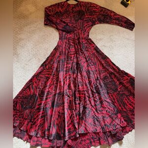 Vintage Silk Red Patterned Maxi Dress with Open Back size 10